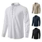 2023 men's new Amazon men's cotton and linen Henry shirt long sleeved hippie casual beach stand up collar shirt European size