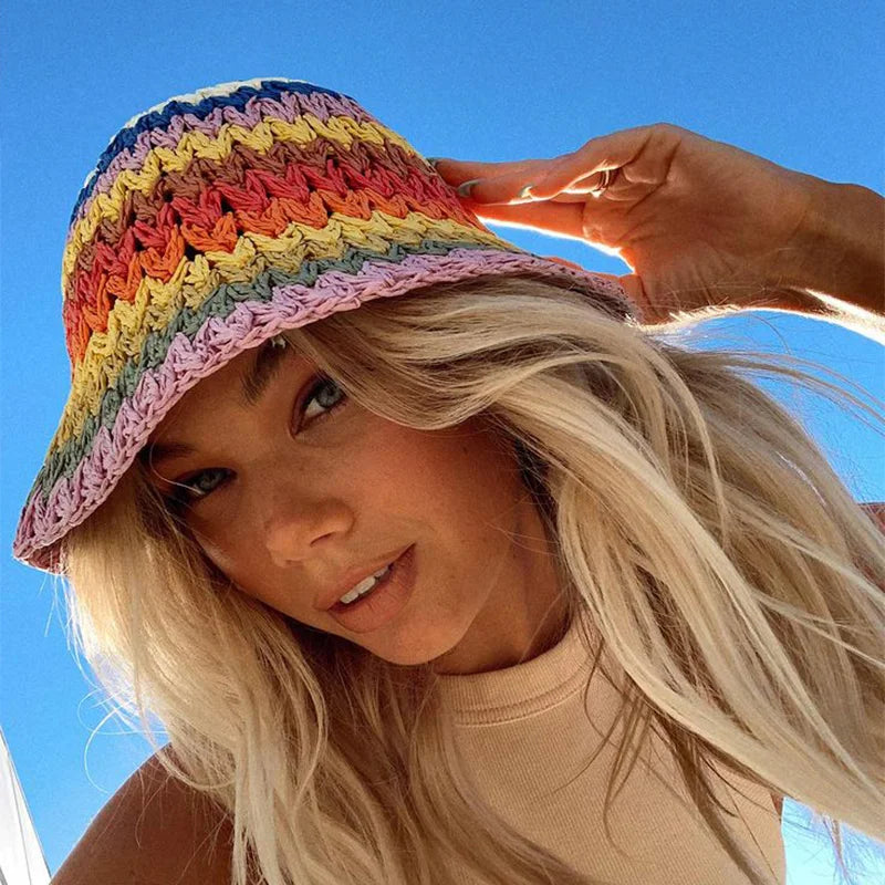 New Colorful Striped Knitted Hat for Women Spring Summer Sunscreen Bucket Hats Girls Sweet Casual Cap Beach Vacation Straw Hat