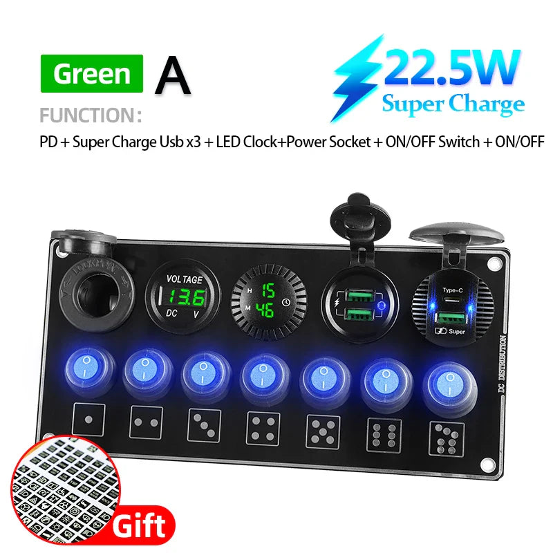 12V 7 Gang ON-Off Rocker Toggle Switch Panel QC PD Quick Charge Voltmeter Waterproof USB Car Charger Accessories Truck Boat RV