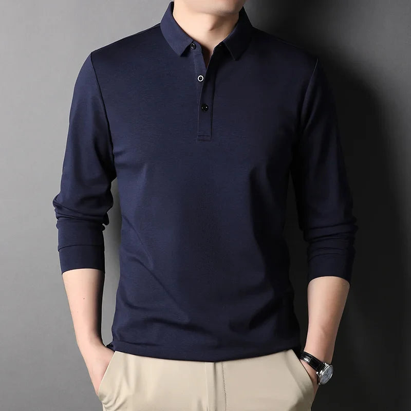 Top Grade Mulberry Silk 5.2% New Fashion Polo Men Designer Brand Plain Casual No Logo Long Sleeve Tops Mens Clothes 2023