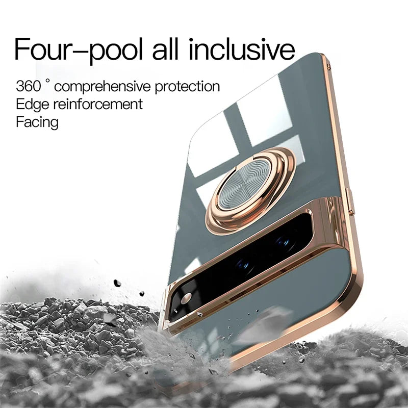Luxury Plating Silicone Shockproof Phone Case For Google Pixel 8 8A 7 Pro 7A 6A Metal Ring Magnetic Holder Stand Soft Back Cover
