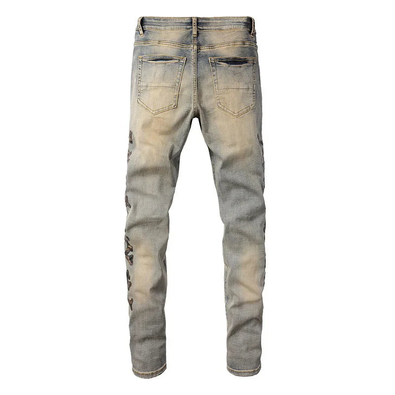 Men's Camouflage Leather Bones Patches Jeans Vintage Blue Stretch Denim Skinny Tapered Pants Holes Ripped Distressed Trousers