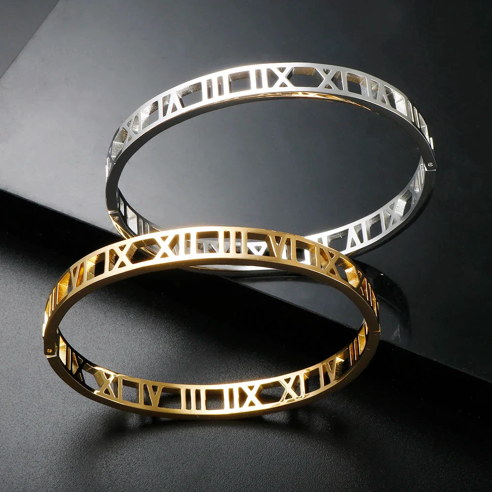 Hollow Roman Numeral Bracelets & Bangles 316L Stainless Steel Waterproof 4 7 12mm Classic Bangle For Women Men Fashion Jewelry