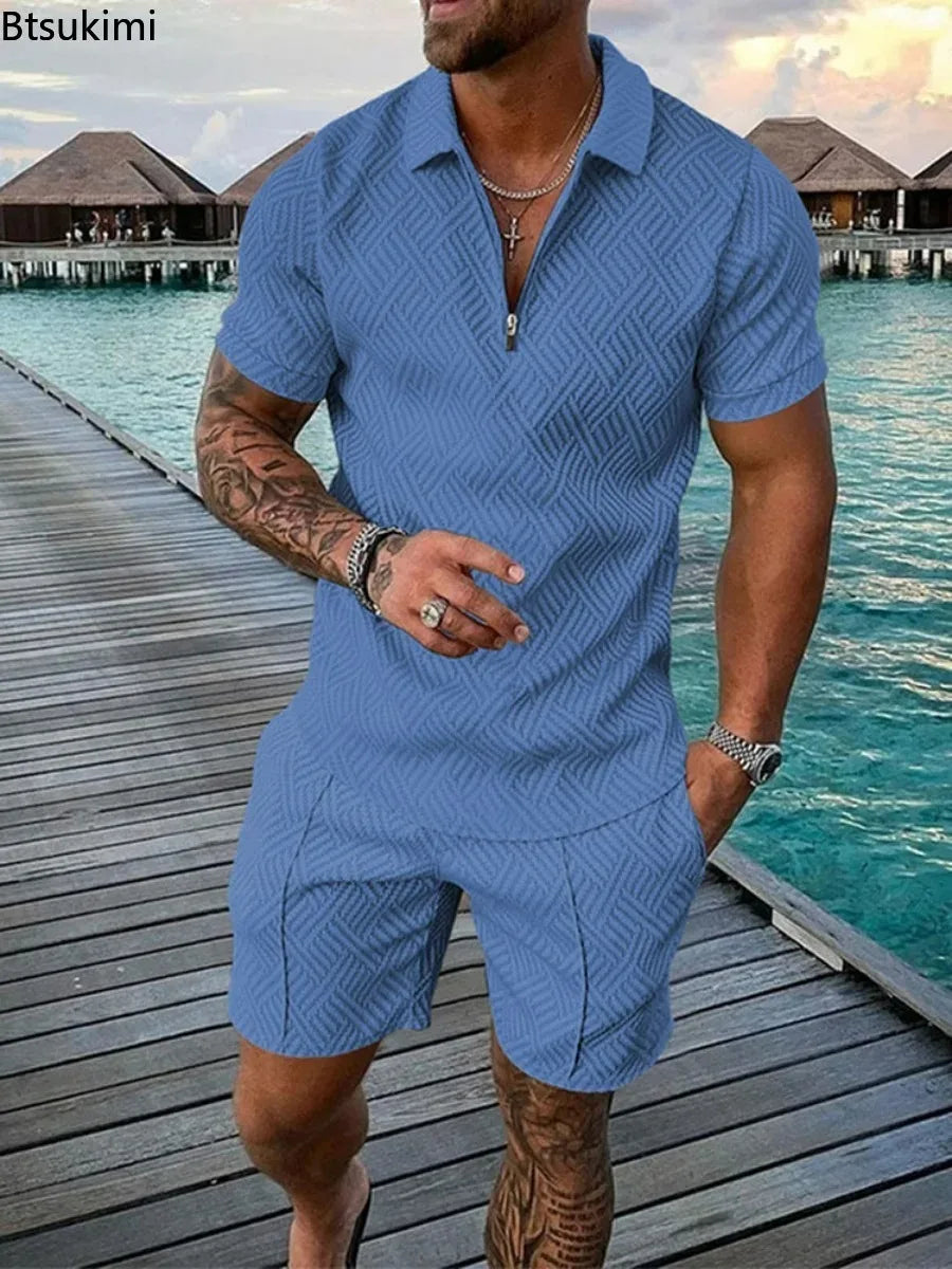 New 2024 Men's Polo Suit Fashion Men Sets Solid Summer V-neck Zipper Short Sleeve POLO Shirt+Shorts Two Pieces Men Casual Suit