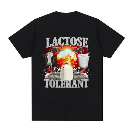 Lactose Tolerant Graphic Print T-Shirt Men's Vintage Fashion Short Sleeve T-shirts 100% Cotton Casual Cozy Oversized T Shirts