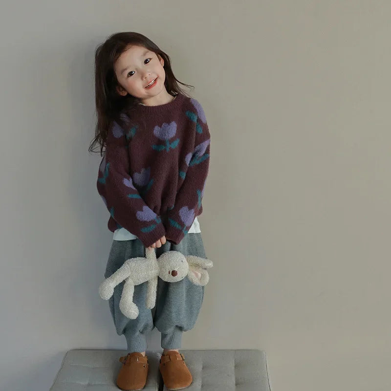 Children Clothing Girls Sweater 2023 Autumn and Winter New Korean Style Tulip Flower Pullover Sweater Fashion Stylish Top