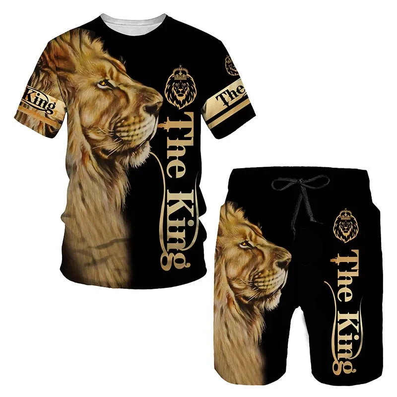 2023 Men T-shirt Set Tracksuit Training Wear Lion Pattern T-Shirt Shorts Casual Suit Oversized 2 Piece Set Sports Men Clothes