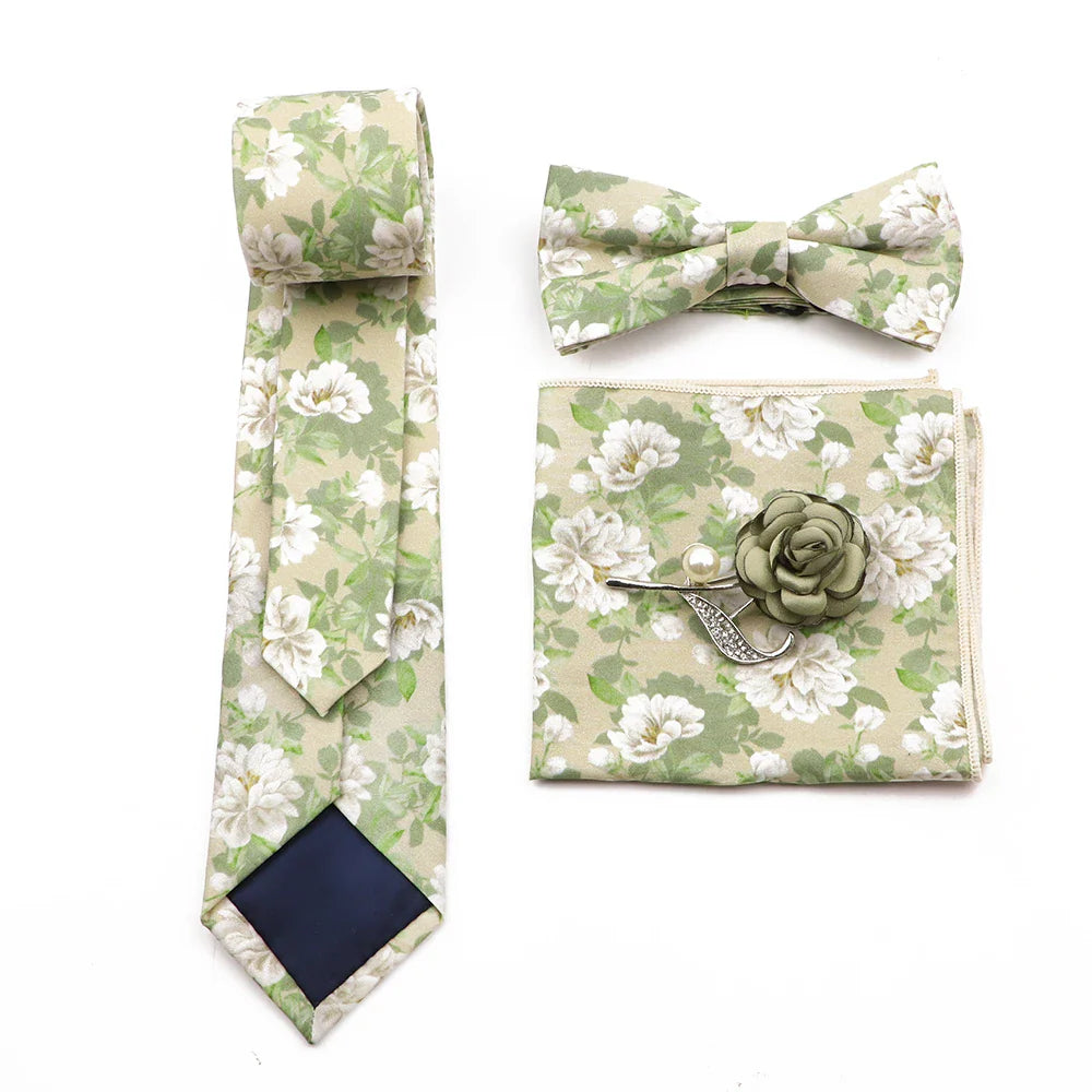 New Men's Floral Cotton Tie Three-Piece Necktie Bowtie Handkerchief Brooch For Groom Suit Wedding Cravat Shirt Accessory