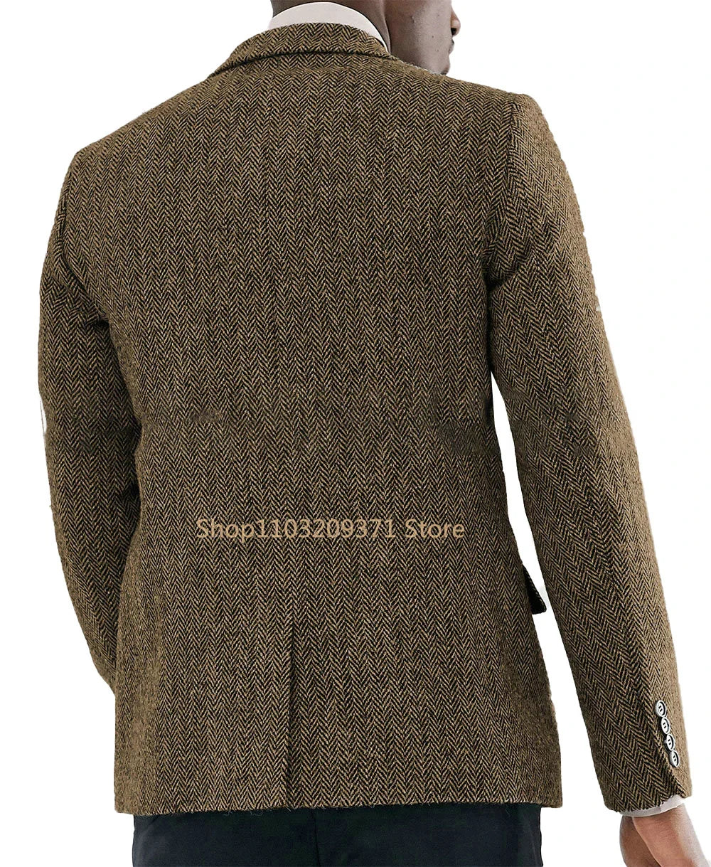 Men's Suit Brown Herringbone Blazer Prom Tuxedos Wool Tweed Single Breasted Formal Bussiness/Wedding Prom Jacket (Only Coat)