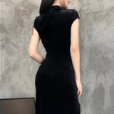 Goth Dark Romantic Gothic Velvet Aesthetic Dresses Vintage Women Black Bandage SlitHem Bodycon Dress Sexy Evening Wear Cheongsam