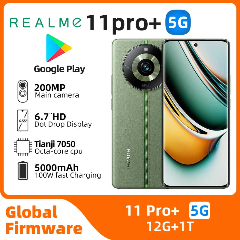 Global ROM realme 11 Pro Plus 5G Mtk Dimensity 7050 6nm CPU 6.7" 120Hz FHD+ 200MP OIS 12GB RAM 1TB Storage used phone