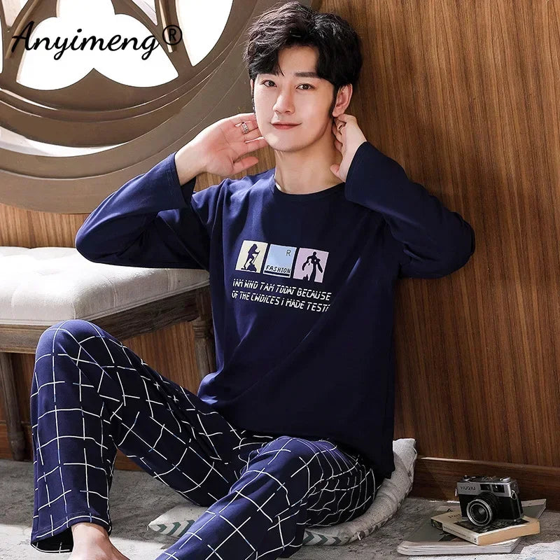 Big Size Autumn New Mens Casual Pajamas Set Cotton Long Sleeve Kawaii Bear Cartoon Printing Sleepwear for Men Pijama for Boy