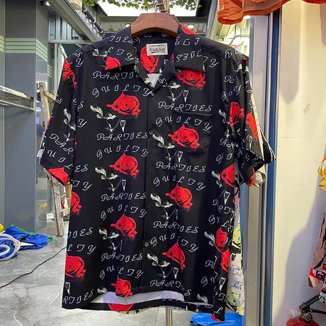 Summer New Wacko Maria Beach Shirt for Men Hip Hop Rose Red Portrait Full Print Harajuku Loose Short Sleeve Marley Same Style