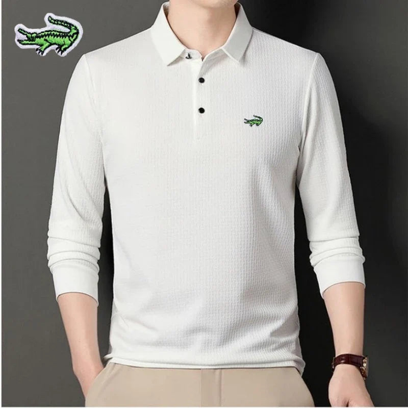 New Men's Embroidery Brand High Quality Knitted Long Sleeve Polo Shirt Four Seasons Casual Fashion Ribbed Long Sleeve Top T-shir