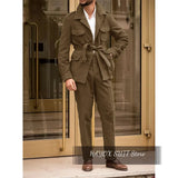 Green Wool Hunting Coat with Belt Vintage Hunting Jacket Coat Pants Casual Wear Men's Suit Two Piece Set