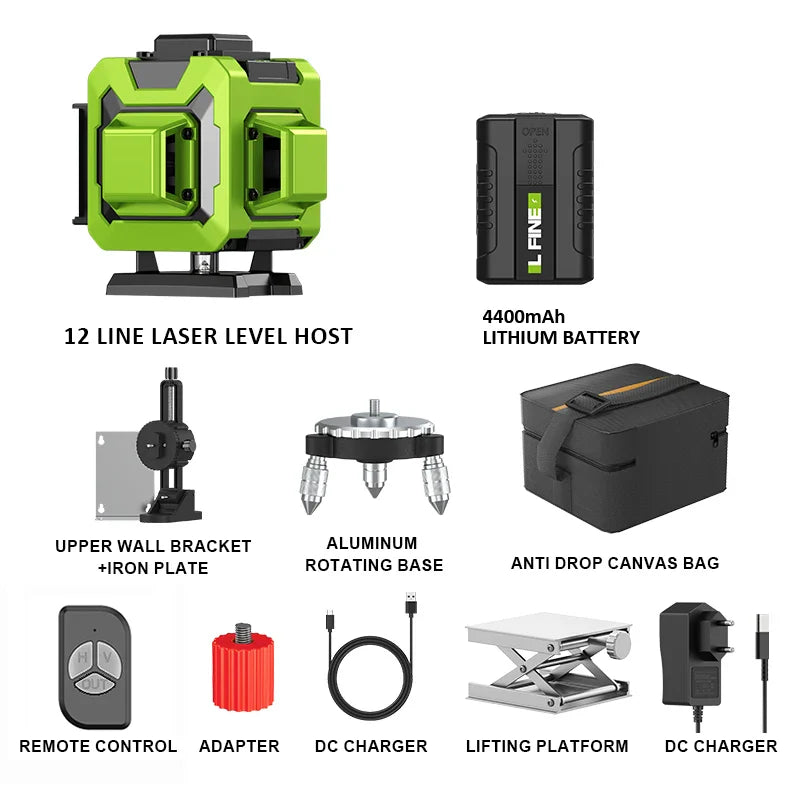 LFINE Laser Levels 4D 16 Lines 8 Lines Horizontal Vertical Cross Green Laser With Remote Control 360 Self-leveling Laser Level