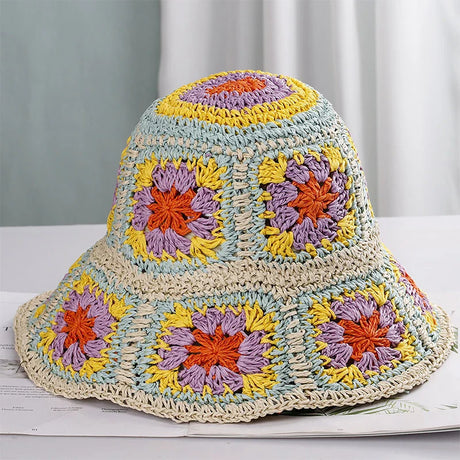 Colorful Crochet Straw Bucket Hat Handmade Knitted Flowers Beach Fisherman Hat for Women Sunshade Cap Vintage Accessories