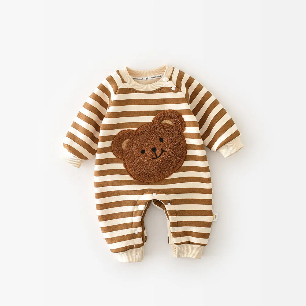 MILANCEL Baby Rompers Thicken Lining Boys Clothes Striped Girls Jumpsuits Bear Outfit