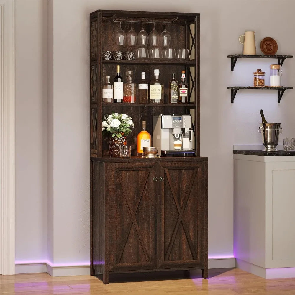 Bar Cabinet, Tall Farmhouse Coffee Bar Wine Cabinet for Liquor and Glasses, Dining Room Bar Cabinet with Storage, Liquor Cabinet