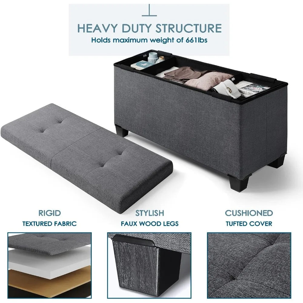 Ottoman Bench with Storage Bins, 30-In Storage Bench for Bedroom End of Bed, Folding Foot Rest Ottoman with Storage