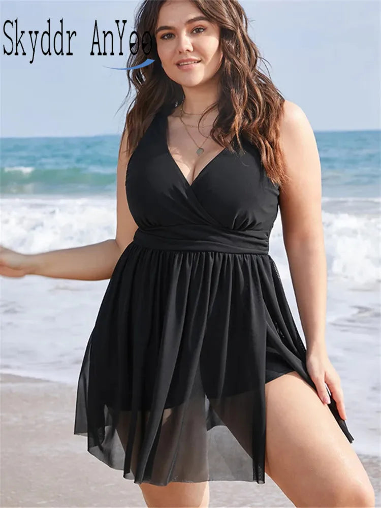 Women's Plus Size Swimsuit Stylish Swimwear One Piece Tankini V-Neck Split Hem Swim Dress Large Size Black Bodysuit Beach Wear