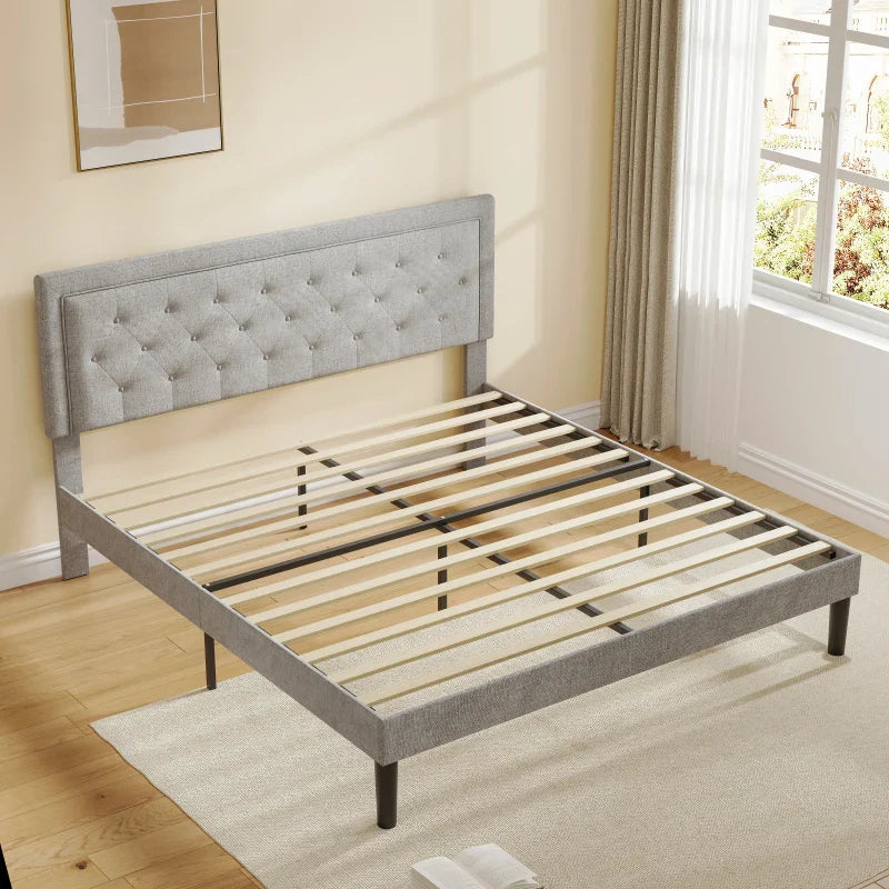 Light Grey Bed Frame with Adjustable Border Headboard King/Queen/Full Size，Bedroom double bed, adult and adolescent bed