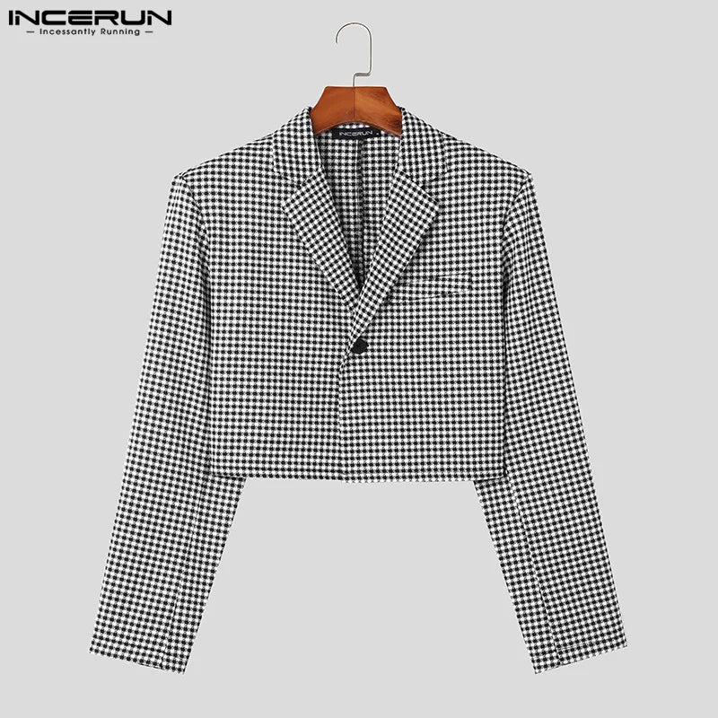 INCERUN Tops 2023 Korean Style Handsome New Mens Plaid Design Suit Casual Party Shows Male Well Fitting Short-style Blazer S-5XL