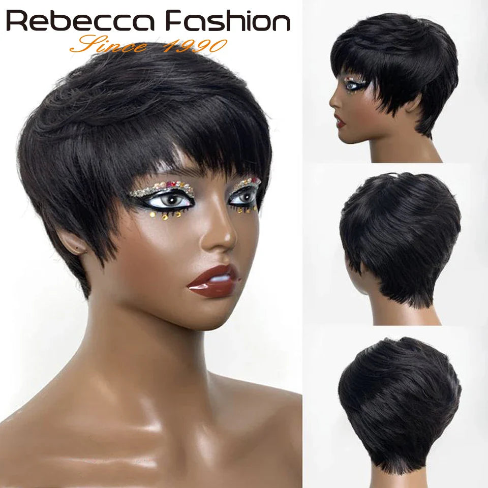 1B Pixie Short Cut Colored Straight Human Hair Wigs With Bangs Fringe Full Machine Made Wigs For Women Brazilian Natural Black