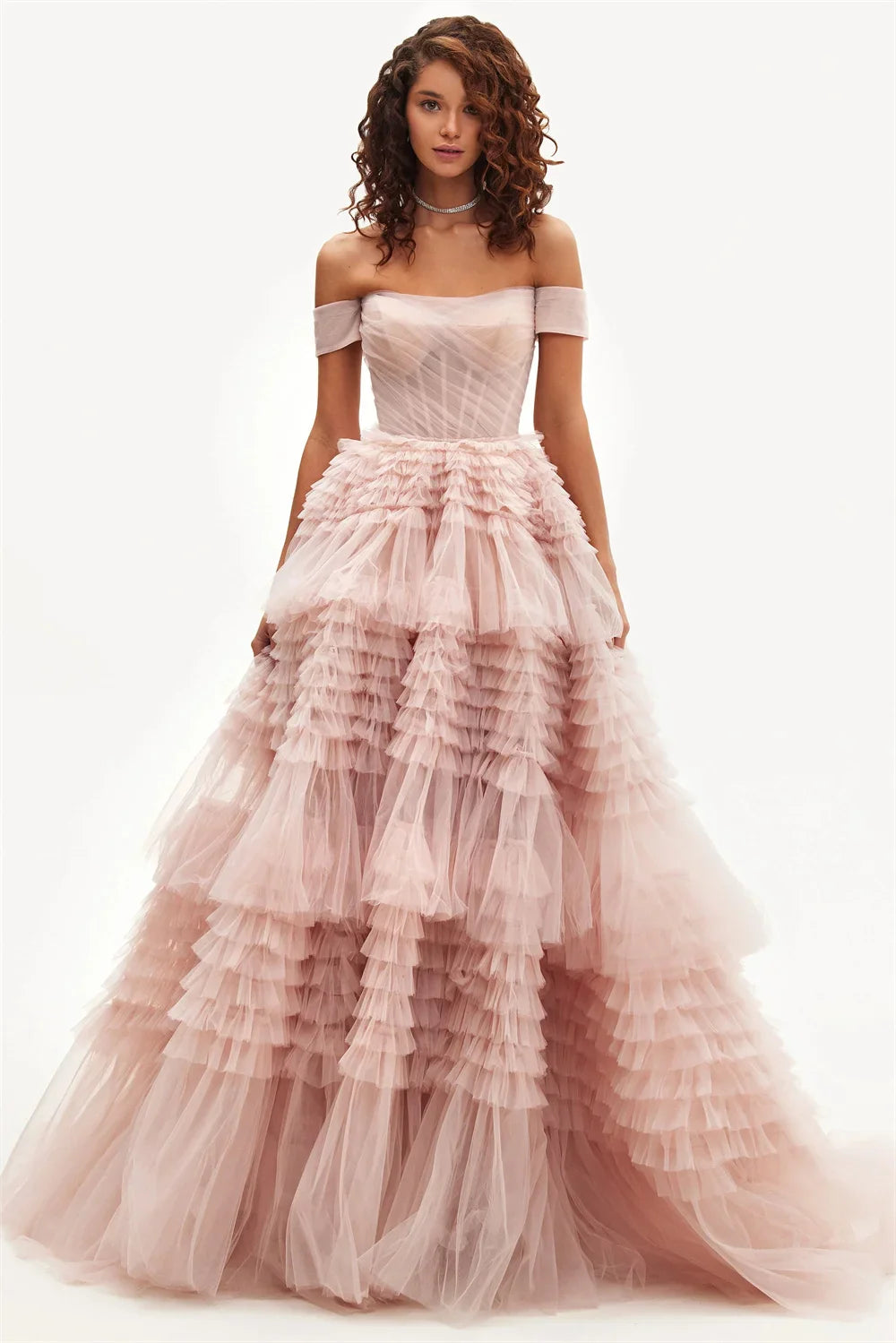 Off-the-shoulder Layered Prom Dresses فساتين السهرة 2024Pink Tulle Ruffle A-line Formal Occasion Party Dress Vestidos De Noche