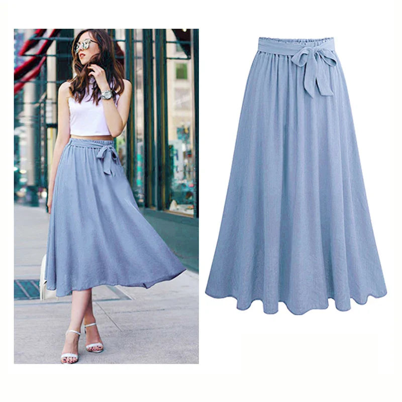 Casual Streetwear Plus Size Long Skirts Women Summer Chiffon Lace Up Bow Maxi Skirt Elegant Stretch High Waist Big Swing Faldas