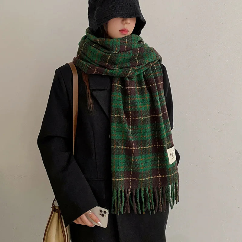 Retro Plaid Cashmere Womens Scarf Winter Thick Warm Solid Cape Wraps Female bandana pashmina long tassel female foulard