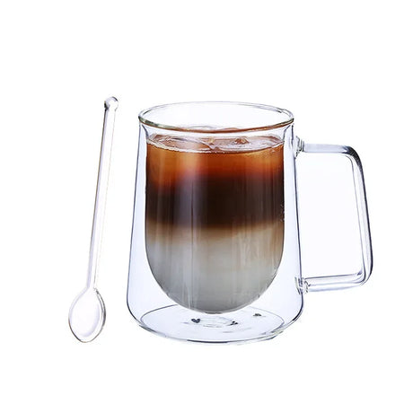 2023 New Simplicity Glass Cup Coffee Drinkware Insulation Double Wall Glass Cup Spoon Gifts Hot  European Style Transparent Mugs