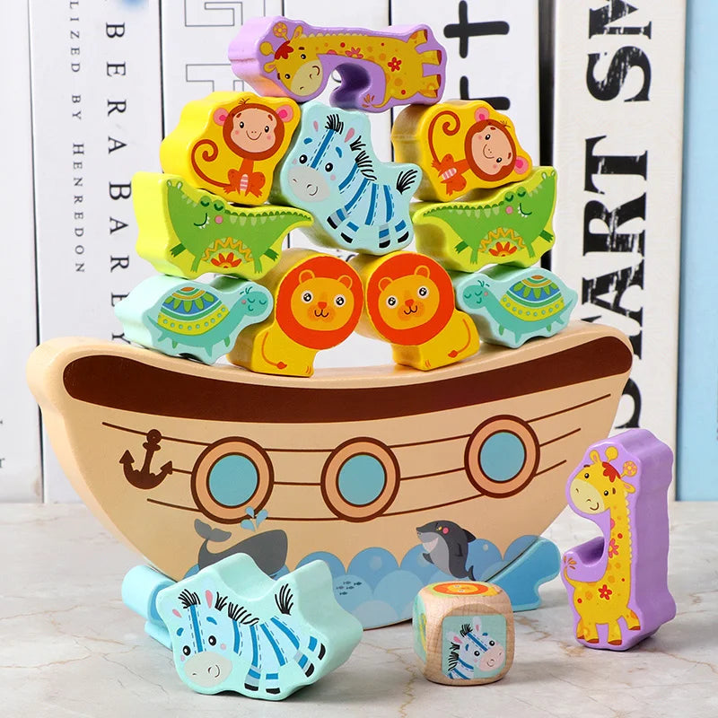 Montessori Animal Stack Balance Game Wooden Marine Life Throwing Dice Stacking Building Blocks Balance Training Educational Toys