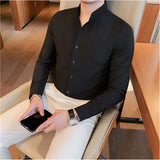 Men Long-sleeved Business Formal Social Dress Shirt Fall Pure Stand Collar Party Club Casual Shirt Men's Brand Slim Tuxedo Shirt