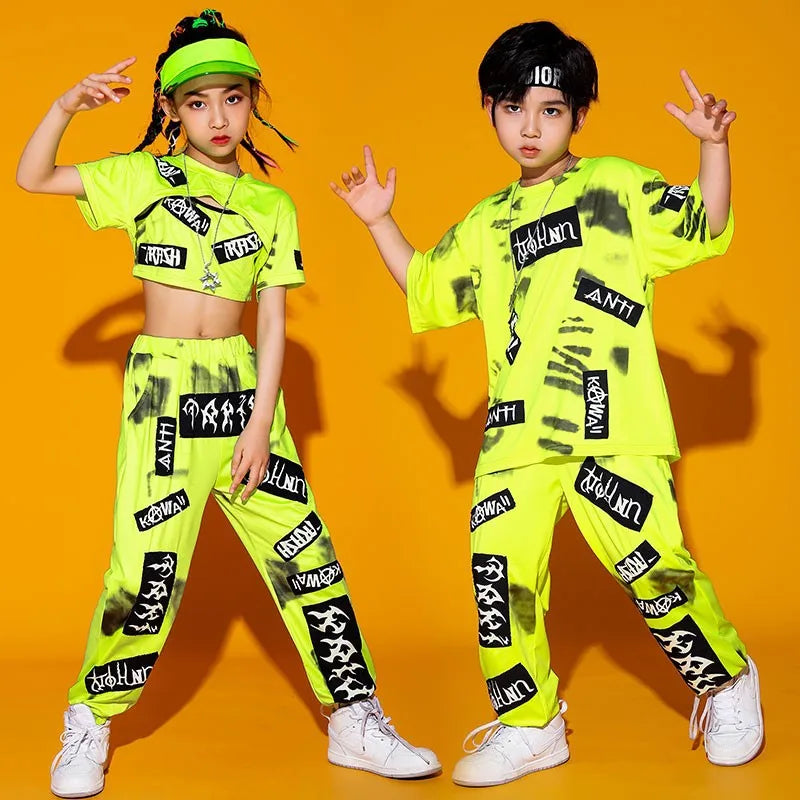 Kid Cool Hip Hop Clothing Green Crop Tank Top T Shirt Print Casual Street Jogger Pants for Girl Boy Jazz Dance Costume Clothes