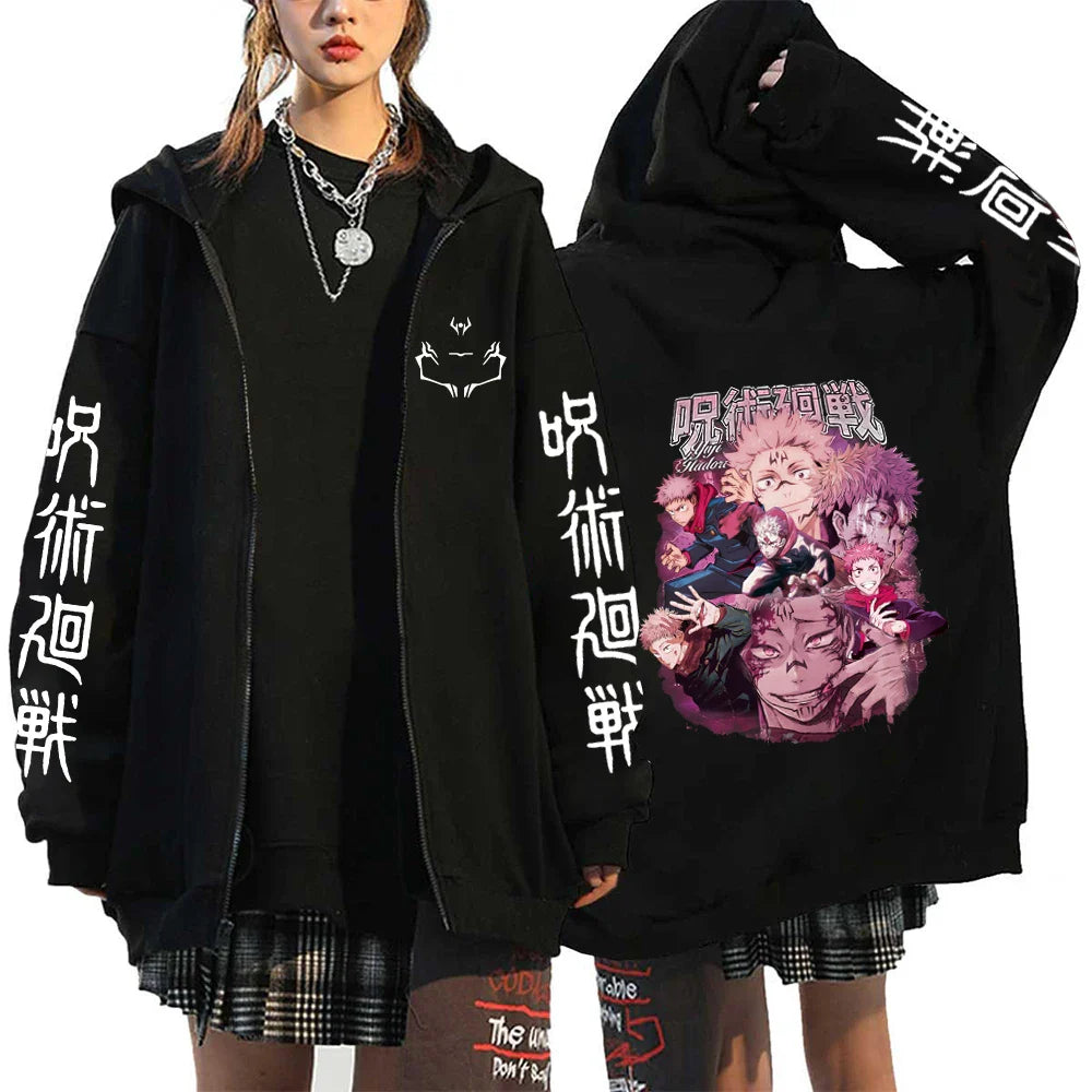 Women Men Anime Zip Hoodies Jujutsu Kaisen Plus Size Zipper Jackets Gojo Satoru Printed Sweatshirt Y2k Harajuku Unisex Hooded