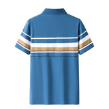 Men's Summer Pullover Solid Turn-down Collar Striped Button Short Sleeve T-shirt Casual Formal England Style Undershirt Tops