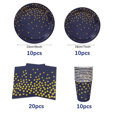 Dark Blue Gold Dot Disposable Tableware Set Paper Plates Cups Napkins Straw for Birthday Party Decoration Supplies Table Decor