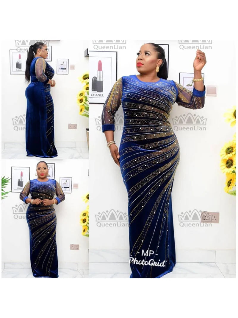 2023 New Design African VeLvet Pearl Diamond Long Tight Dress Big Elastic Material  For Lady(DZ4))