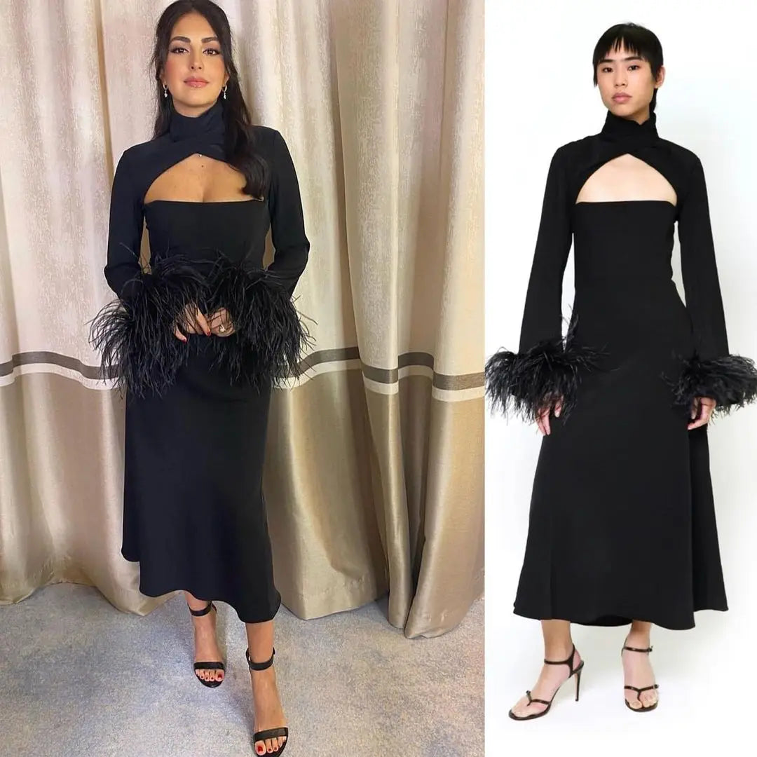 Saudi Arabia Prom Dresses Formal Women Evening Dresses High Neck Feathers Long Sleeves Comfortable Formal Occasion Party Dress