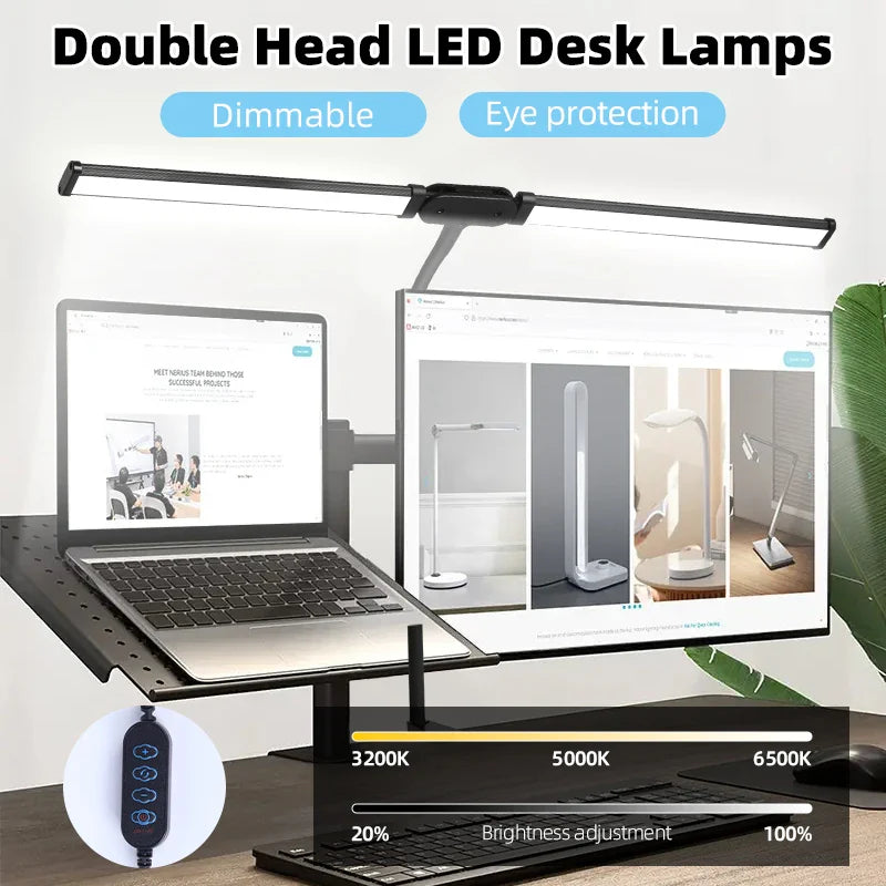 Double Head Desk Lamp Led Reading Light Stand Wide Screen Monitor Lights for Study Office USB Stepless Dimmable Table Lamp 24W