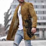 Men Woolen Coat Jacket Fashion Striped Geometric Print Young Mens Clothes Autumn Winter Single Breasted Pocket Overcoat Outwear