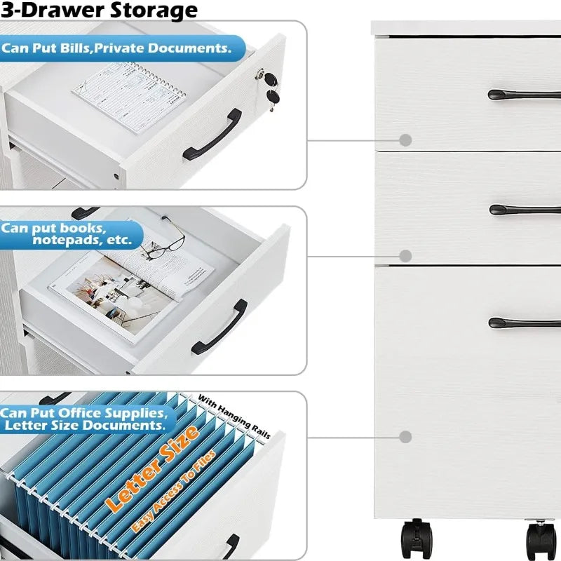 Panana 3 Drawer Wood Mobile File Cabinet, Under Desk Storage Drawers Small File Cabinet for Home Office (White)