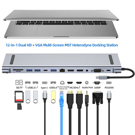 12-in-1 Type-C USB 3.2 Hub VGA Three Screen Display MST Gigabit Ethernet port USB C Adapter Gigabit Ethernet For Laptop PC