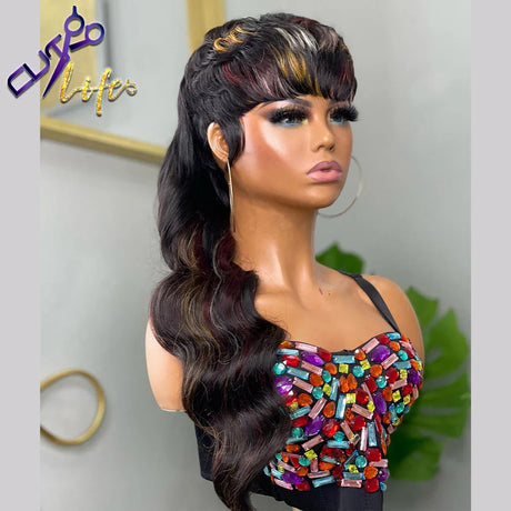 Full Machine Made Wig With Bangs Mullet 18 Inches Body Wave Glueless Brazilian Human Hair Wigs For Women Short Pixie Cut Wigs