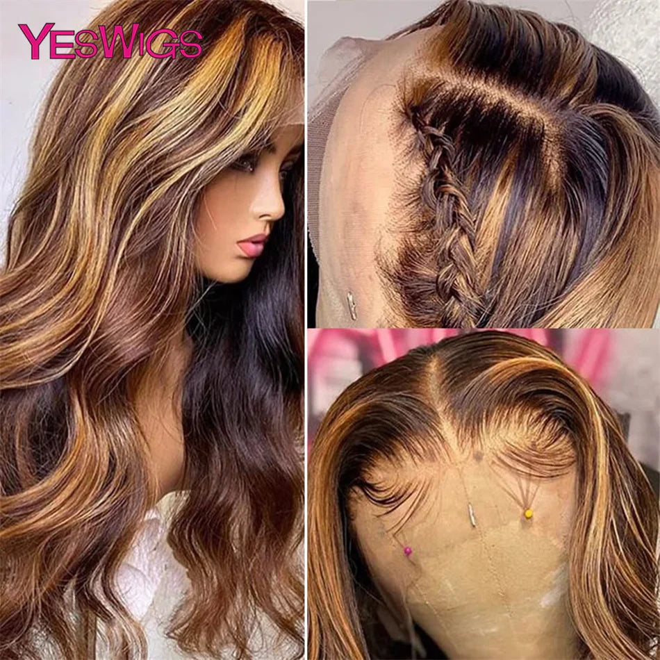 HD Highlight Wig Human Hair Brown Lace Front Human Hair Wigs For Women Honey Blonde 360 Body Wave Full Lace Frontal Wig Glueless