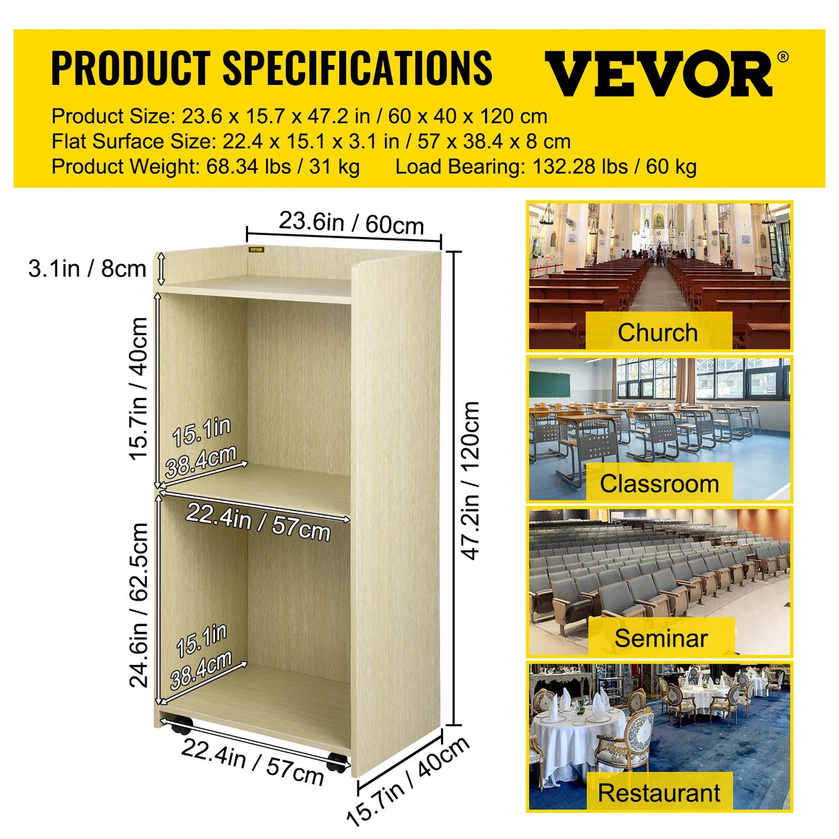 VEVOR Wood Podium 2 x 4 FT Lecterns w/ 4 Rolling Wheels Baffle Plate & Shelf Easy Assembly Walnut for Church Office School Home