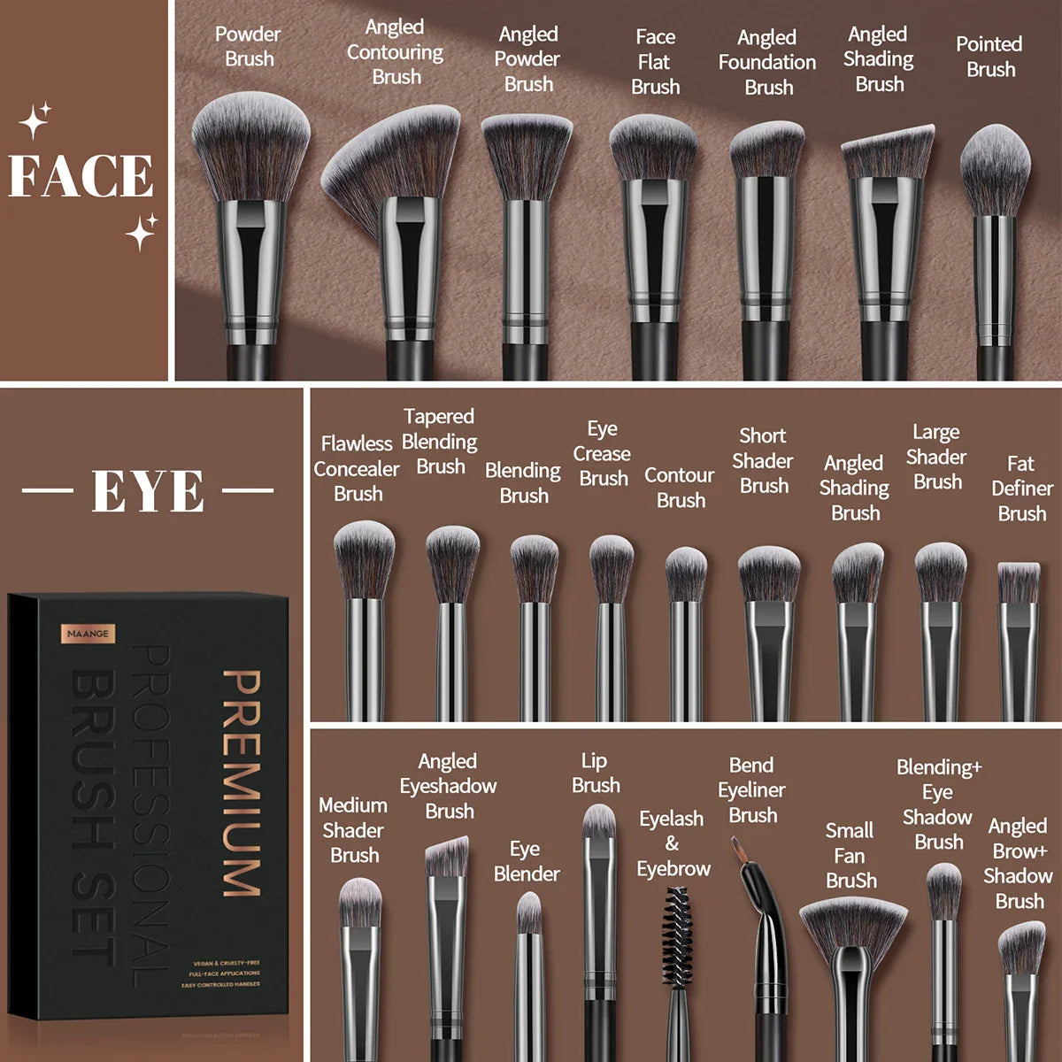 MAANGE Full Makeup Tools Kit 25pcs Foundation Concealer Makeup Brush with 12pcs Soft Cushion Sponge & Triangle Powder Puff