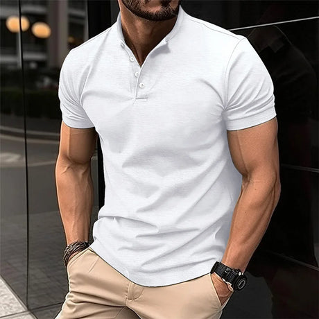 Summer Men Casual Solid Color Short Sleeve T Shirt for Men Henley Collar Polo  High QualityMens T Shirts US Size S-2XL