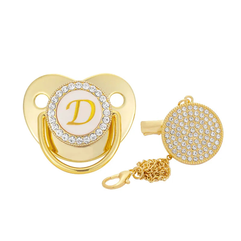 2023New Gold Diamond Baby Pacifier With With Dust Cover 26 Letters Name Initial Letters Baby Pacifier With Chain Clip Baby Items